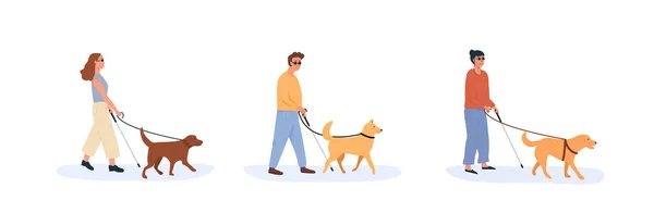 Un perro guía con una persona ciega caminando juntos. Conjunto de personas con discapacidad utilizando la ayuda del perro. Colección de personajes de estilo plano. Ilustración vectorial. — Vector de stock