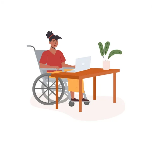 Joven mujer africana discapacitada en silla de ruedas trabajando en la computadora en una cómoda oficina. Concepto de personas diversas que trabajan con discapacidades. Ilustración vectorial plana aislada en blanco. — Archivo Imágenes Vectoriales