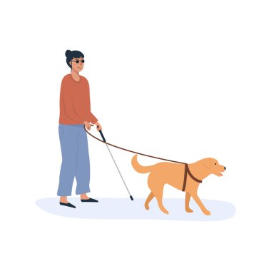 Kör bir insanla birlikte yürüyen bir rehber köpek. Köpeğin yardımıyla bastonlu engelli bir kadın. Düz stil karakterler. Vektör illüstrasyonu.