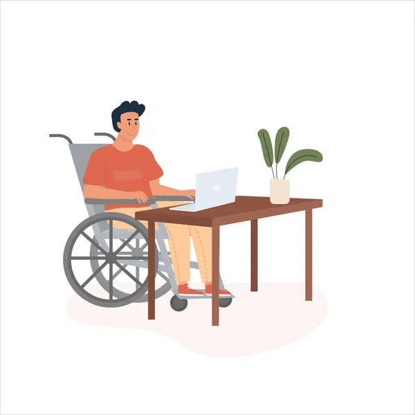 휠체어를 타고 편안 한 사무실에서 컴퓨터로 일하는 현대의 장애인 청년. 다양 한 직업을 가진 다양 한 사람들은 장애가 있다. 흰색에 분리 된 플랫 벡터 일러스트.. — 스톡 벡터