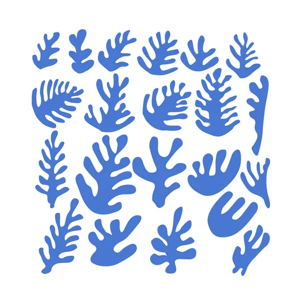 Matisse 'in soyut organik kesimi, mavi renkli alg ya da mercan şekillerinden esinlenmiştir. Tropikal yaprakların çocuksu karalamalarının koleksiyonu. Beyaz arkaplanda vektör illüstrasyonu.
