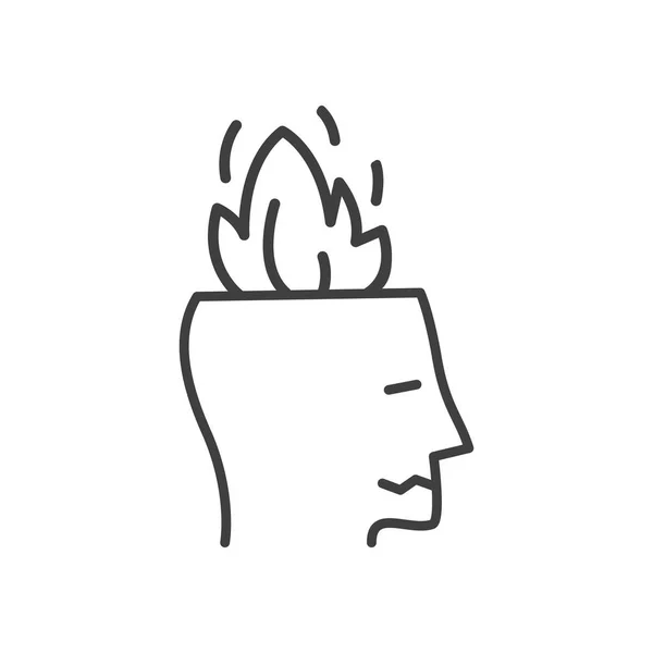 Cabeza humana en el icono del contorno del vector de fuego en estilo garabato. Hombre o mujer sintiendo estrés en el trabajo, ira. Concepto de expresión emocional de burnout o molestia. Enfermedad mental. Síntoma psicológico. — Vector de stock