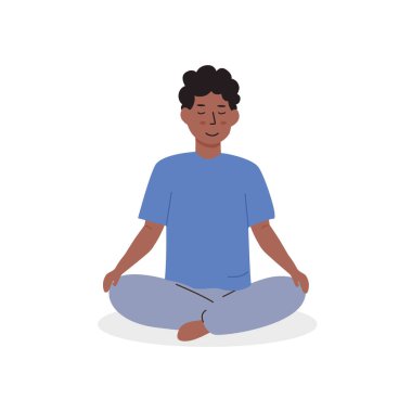 Afrikalı siyah tenli çocuk yerde oturup meditasyon yapıyor. Yoga yapan çocuk ya da genç. Okul konsepti üzerine meditasyon dersi. Beyaz arkaplanda izole edilmiş vektör düz çizim karakteri.