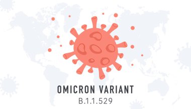 Omicron 'un yeni Covid varyantıyla yatay pankart. Arka planda dünya haritalı yeni Coronavirus mutasyonunun kırmızı bakterileri. Çizgi film tarzında vektör posteri veya illüstrasyon.