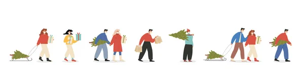 ชุดใหญ่ของคนร่าเริงมีความสุขสวมหน้ากากเดินถือกล่องของขวัญห่อและเลื่อนกับต้นคริสต์มาส ผู้ชายและผู้หญิงเตรียมของขวัญสําหรับคริสต์มาสและปีใหม่ รูปแบบเวกเตอร์ . — ภาพเวกเตอร์สต็อก