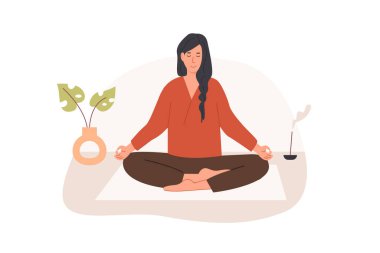 Bacak bacak üstüne atmış ve gözleri kapalı genç bir kadın evde meditasyon yapıyor. Odasında ya da dairesinde bağdaş kurup yoga yapan bir kadın. Meditasyon ya da karın solunumu manevi uygulaması. Vektör