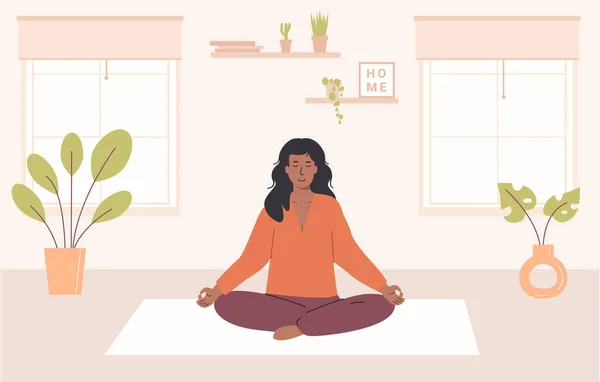 Mujer afroamericana con las piernas cruzadas y los ojos cerrados meditando en casa. Mujer joven sentada en una acogedora habitación moderna y practicando yoga, meditación mindfulness y ejercicios de control de la respiración. Vector. — Vector de stock