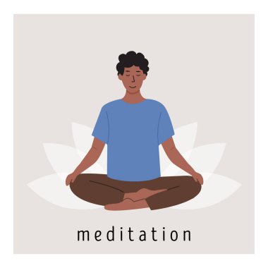 Genç Afrikalı bir erkeğin nilüfer çiçeği üzerinde meditasyon yaptığı ve yoga nefes alma egzersizi yaptığı kare posteri. Pranayama çalışan bir adam. Meditasyonu yakalayan kart. Düz biçim vektör illüstrasyonu.