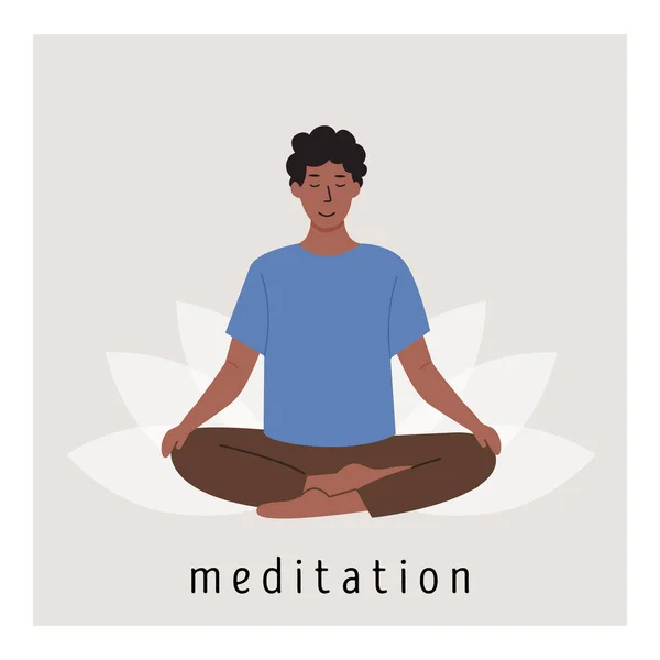 Quadratisches Poster mit jungen afrikanischen Männern, die auf Lotusblumen meditieren und Yoga-Atemübungen machen. Der Mensch praktiziert Pranayama. Karte mit Capture Meditation. Flache Vektor-Illustration. — Stockvektor