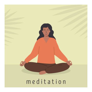 Genç Afrikalı kadınların meditasyon yaptığı ve yoga yaparken nefes alma egzersizi yaptığı kare posteri. Pranayama çalışan bir kadın. Arka planda palmiye yaprakları olan yakalama meditasyonu kartı. Düz vektör illüstrasyonu.