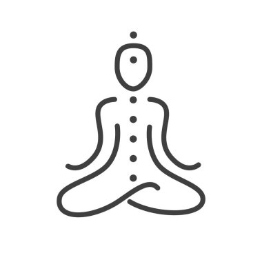 Simple vector outline icon. Meditating human silhouette with seven chakras. Yoga and meditation symbol. Logo template for meditation and spiritual wellbeing centre. 