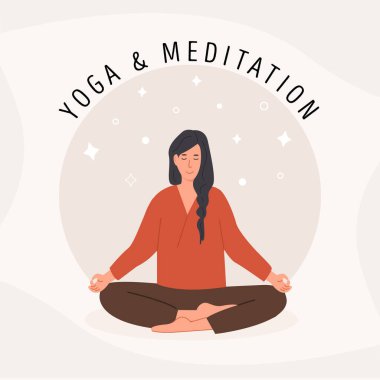Square card with young woman meditating and doing yoga breathing exercise. Woman practicing Pranayama and meditation. Poster template. Flat style vector illustration. 
