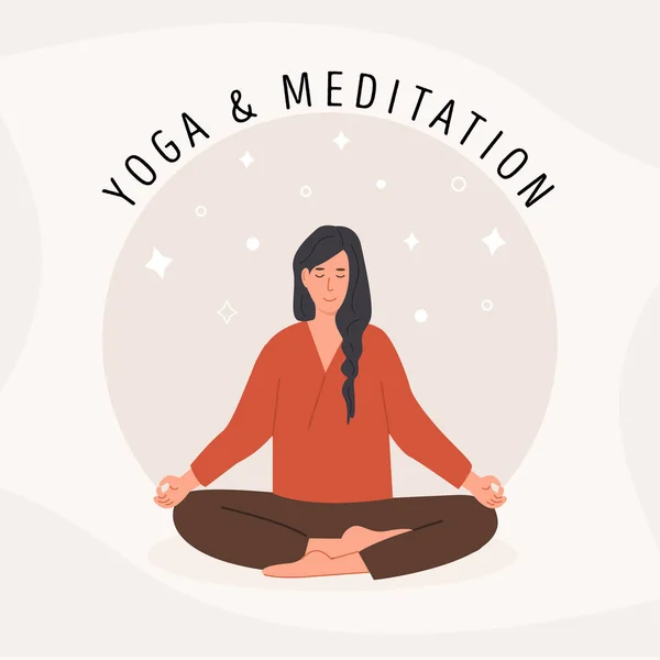 Square card with young woman meditating and doing yoga breathing exercise. Woman practicing Pranayama and meditation. Poster template. Flat style vector illustration. — Stok Vektör