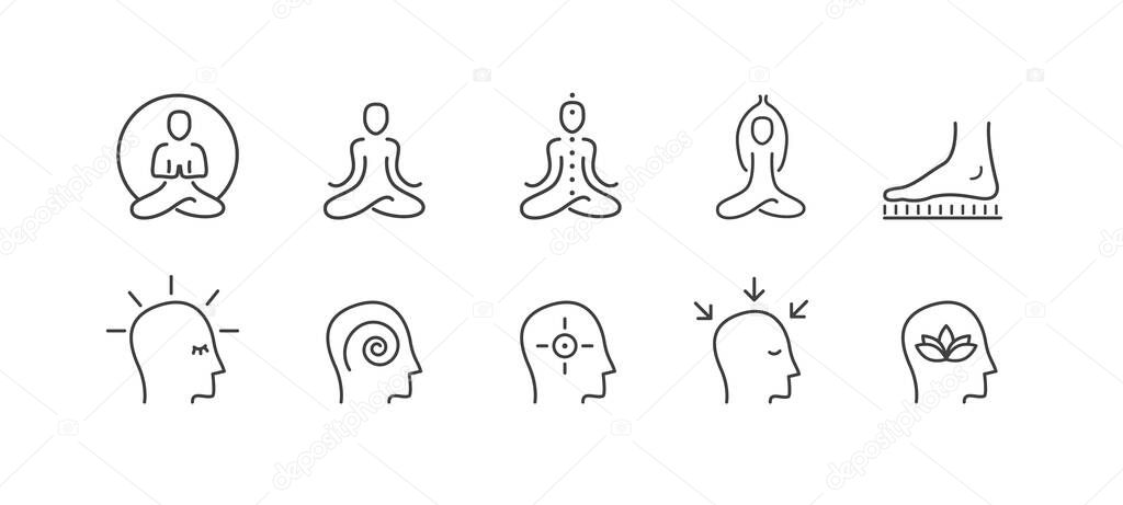 Yoga vector set. Outline icon collection for buddhist retreat, spiritual practice or Vipassana meditation. Sadhu board. Head with different mental state. 