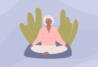 Senior african female person sitting outdoor at park and practicing yoga or meditation. Modern elderly woman with crossed legs closed eyes meditating. Vector illustration in flat style. 