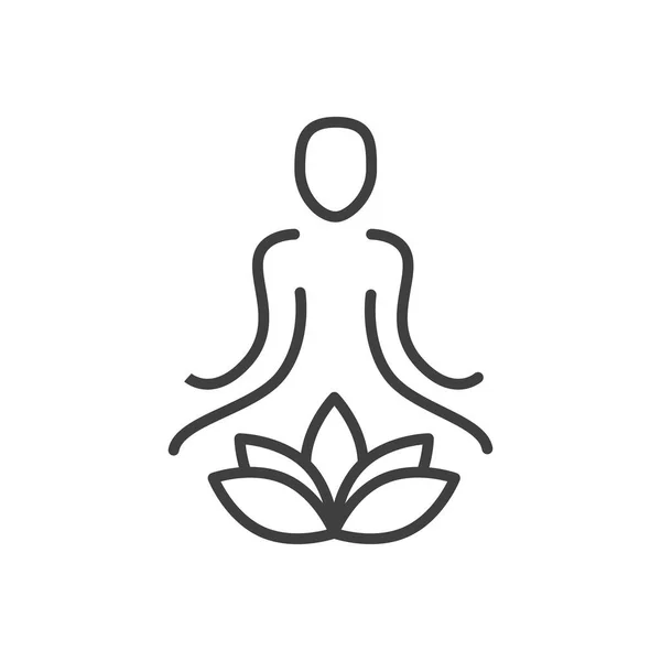 Silueta humana meditante con flor de loto. Símbolo de yoga y meditación. Logo plantilla para centro de meditación y bienestar espiritual. Icono de contorno de vector simple. — Vector de stock