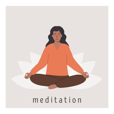 Square poster with young african female meditating on lotus flower and doing yoga breathing exercise. Women practicing Pranayama. Card with capture Meditation. Flat style vector illustration.