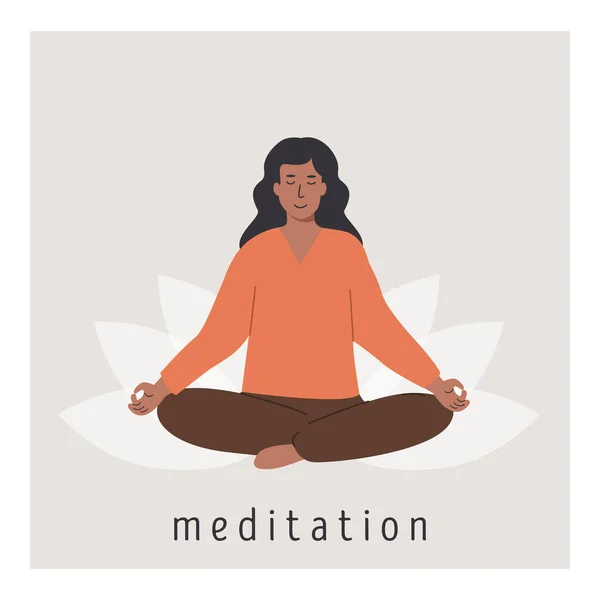 Square poster with young african female meditating on lotus flower and doing yoga breathing exercise. Women practicing Pranayama. Card with capture Meditation. Flat style vector illustration. – Stock-vektor