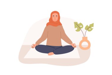 Modern young muslim female with crossed legs and closed eyes meditating indoors and performing yoga breathing exercise. Women practicing Pranayama and meditation. Flat vector illustration.