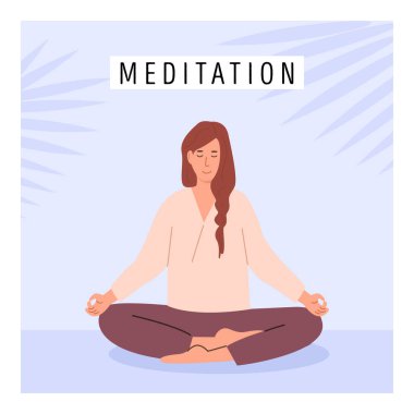 Genç bir bayanın meditasyon yaptığı ve yoga yaparken nefes alma egzersizi yaptığı kare poster. Pranayama çalışan bir kadın. Arka planda palmiye yaprakları olan yakalama meditasyonu kartı. Düz biçim vektör illüstrasyonu.