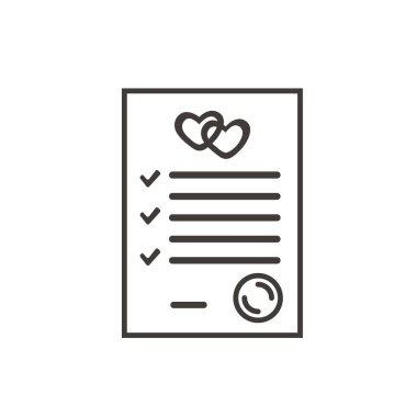 Evlilik sözleşmesi taslak ikonu. Evlilik sözleşmesi imzaladı. Evlilik öncesi anlaşma formunda işaret, iki kalp ve noter damgası var. Evlilik belgesi. Vektör illüstrasyonu beyazda izole edildi.