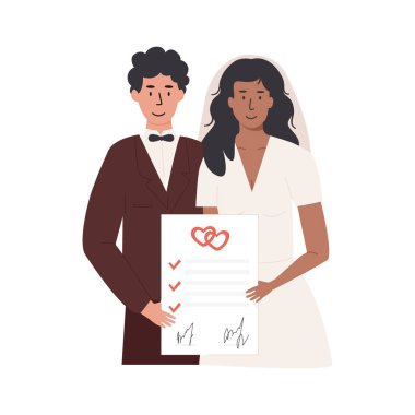 Evlilik sözleşmesi imzalayan bir damat ve gelin. Evlilik öncesi belgesi olan ırklar arası evli bir çift. Evlilik sözleşmesi ve evlilik sertifikası olan yeni evliler. Vektör illüstrasyonu beyazda izole edildi