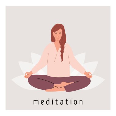 Nilüfer çiçeği üzerinde meditasyon yapan ve yoga yapan genç bir kadın posteri. Pranayama çalışan bir kadın. Meditasyonu yakalayan kart. Düz biçim vektör illüstrasyonu.