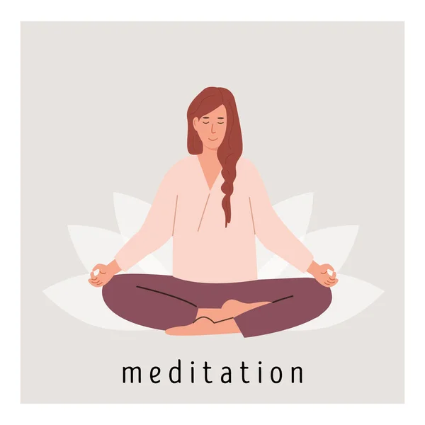 Square Poster Young Female Meditating Lotus Flower Doing Yoga Breathing Vector Graphics