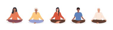 Çeşitli kadın ve erkek grupları meditasyon yapıyor ve yoga yapıyor. Yaşlı, genç bir kadın ve meditasyon yapan bir adam. Beyaz arkaplanda izole edilmiş vektör illüstrasyon karakterleri.