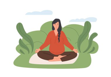Hamile kadın dışarıda meditasyon yapıyor. Doğum öncesi yoga. Parkta bacakları çapraz oturan ve meditasyon yapan bir kadın. Hamilelik sırasındaki rahatlama egzersizi. Göbekli anne. Düz vektör illüstrasyonu.