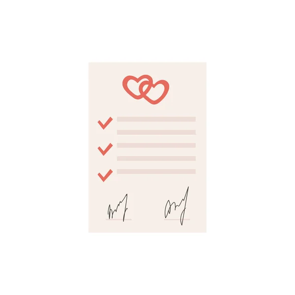 Marriage contract flat style colored icon. Prenup signed certificate. Prenuptial agreement form with check marks, two hearts and signature. Divorce document. Vector illustration isolated on white. Vector Graphics