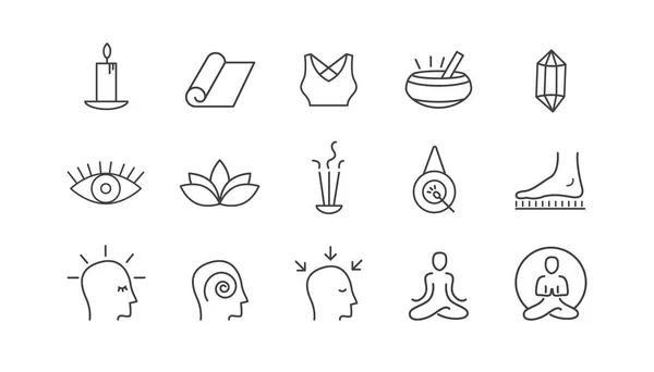 Yoga vector set. Outline icon collection for buddhist retreat, spiritual practice or Vipassana meditation. Sadhu board. Head with different mental state. Royalty Free Stock Vectors
