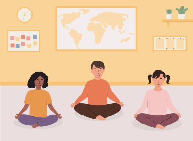 İlkokul ya da ilkokul öğrencileri sınıfta yoga yapıyor. Bacak bacak üstüne atmış gülümseyen çocuklar meditasyon yapıyor. Okul öncesi aktiviteler, erken eğitim kavramı. Alternatif okul. Vektör.