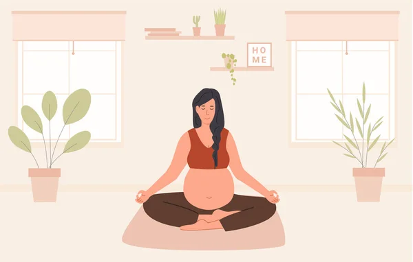 Вагітна жінка медитує вдома. Пренатальна йога. Жінка, яка сидить з ногами, перетнула практику медитації у своїй кімнаті або квартирі. Розслабляючі вправи під час вагітності. Плоский стиль Векторні ілюстрації . — стоковий вектор