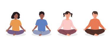 Çeşitli çocuklar meditasyon yapıyor. Yoga yapan çocuklar. Anaokulu konsepti üzerine meditasyon dersi. Farklı ırktan genç kadın ve erkek karakterler sakince yerde oturuyor. Vektör illüstrasyonu.