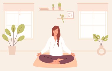 Bacak bacak üstüne atmış ve gözleri kapalı genç bir kadın evde meditasyon yapıyor. Sıcak, modern bir odada bağdaş kurmuş bir kadın yoga ya da meditasyon yapıyor. Abdominal nefes alma manevi uygulaması. Vektör.