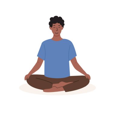 Genç Afrikalı erkeklerin meditasyon yaptığı ve yoga yaparken nefes alma egzersizi yaptığı kare bir poster. Pranayama çalışan bir adam. Arka planda palmiye yaprakları olan yakalama meditasyonu kartı. Düz vektör illüstrasyonu.