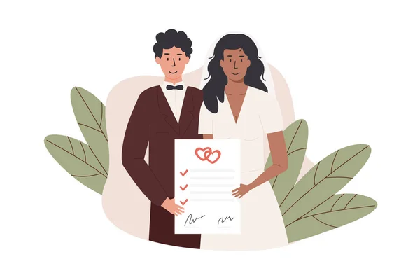 A groom and bride holding signed marriage contract. Interracial married couple with prenup document. Newlywed with prenuptial agreement marriage certificate on tropical background. Vector illustration Stock Vector