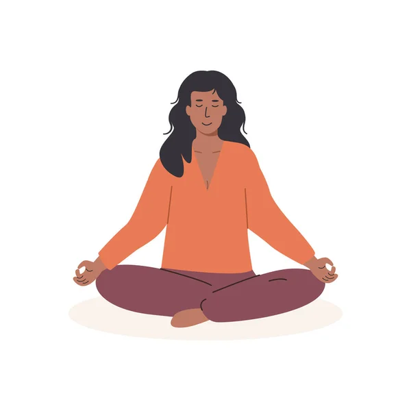 Genç Afrikalı siyahi kadın meditasyon yapıyor ve yoga yapıyor. Pranayama ve meditasyon yapan kadın karakter. Düz biçim vektör çizimi beyaz üzerine izole edildi. — Stok Vektör