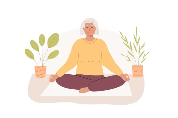 Modern elderly female with crossed legs and closed eyes meditating at home. Senior old age woman sitting cross-legged and practicing yoga. Meditation, abdominal breathing spiritual practice. Vector. Stock Illustration