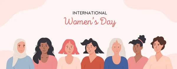 International Womens Day greeting horizontal banner. Crowd of multinational woman together vector flat illustration. Smiling diverse female. Happy multiethnic adult woman. Feminism and equal rights. Stock Illustration