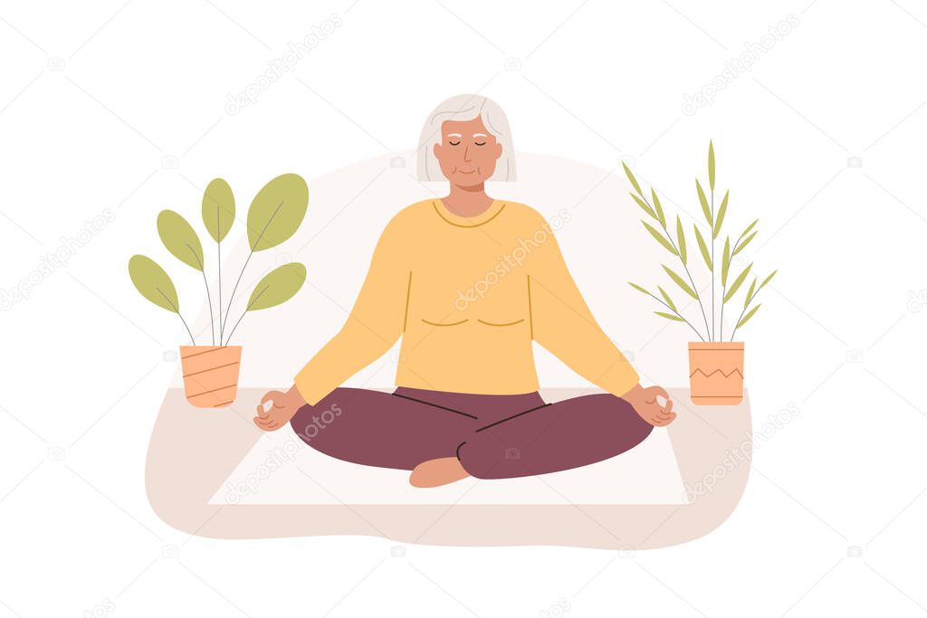 Modern elderly female with crossed legs and closed eyes meditating at home. Senior old age woman sitting cross-legged and practicing yoga. Meditation, abdominal breathing spiritual practice. Vector.