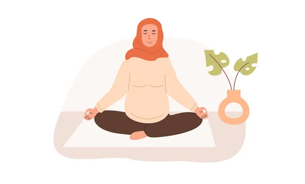 Pregnant muslim woman meditating at home. Prenatal yoga. Modern arab mom in hijab sitting with legs crossed practicing meditation. Relaxing exercise during pregnancy. Flat style vector illustration. Stock Vector