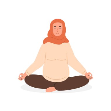 Hamile Müslüman kadın meditasyon yapıyor. Doğum öncesi yoga. Modern liberal Arap anne tesettüre oturmuş bacak bacak bacak üstüne atmış meditasyon yapıyor. Hamilelik sırasındaki rahatlama egzersizi. Düz biçim vektör illüstrasyonu.