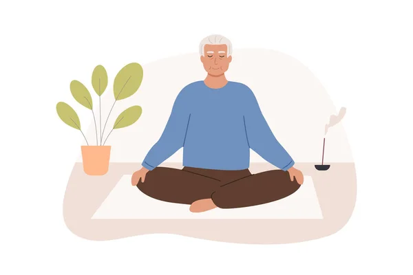 Hombre de edad avanzada moderno con las piernas cruzadas y los ojos cerrados meditando en casa. Hombre de edad avanzada que practica yoga, meditación mindfulness y ejercicios de control de la respiración. Ilustración vectorial en estilo plano. — Vector de stock