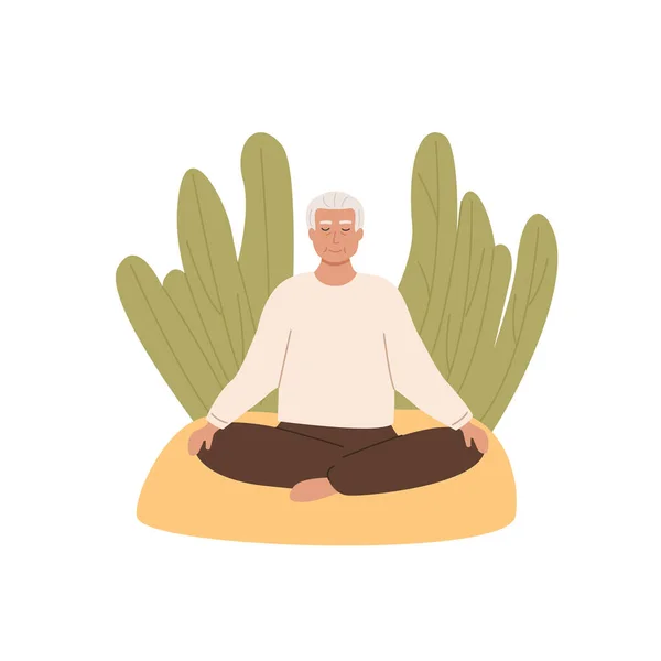 Hombre de edad avanzada moderno con las piernas cruzadas ojos cerrados meditando en la naturaleza. Hombre mayor sentado al aire libre en el parque y practicando yoga. Meditación, respiración abdominal práctica espiritual. Tarjeta vectorial. — Vector de stock