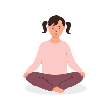 Beyaz bir kız yerde oturmuş meditasyon yapıyor. Yoga yapan çocuk ya da genç. Okul konsepti üzerine meditasyon dersi. Beyaz arkaplanda izole edilmiş vektör düz çizim karakteri.