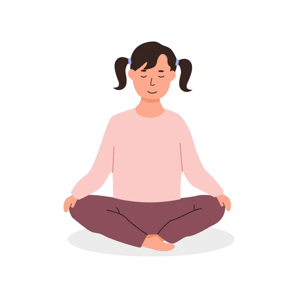 白人の少女が床に座って瞑想している 子供や10代のヨガの練習を行う 学校の概念で瞑想のレッスン 白地に隔離されたベクトルフラットイラストキャラクター — ストックベクタ