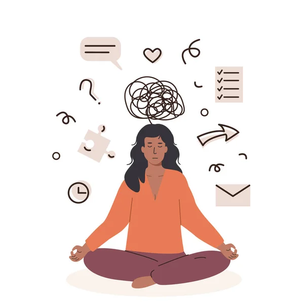 African American Black Woman Meditating Feeling Overload Tasks Burnout Person Vector Graphics