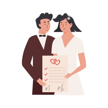 Evlilik sözleşmesi imzalayan bir damat ve gelin. Evlilik sözleşmesi olan mutlu bir çift. Evlilik öncesi anlaşma ve evlilik sertifikasıyla yeni evlenmiş. Vektör illüstrasyonu beyazda izole edildi.